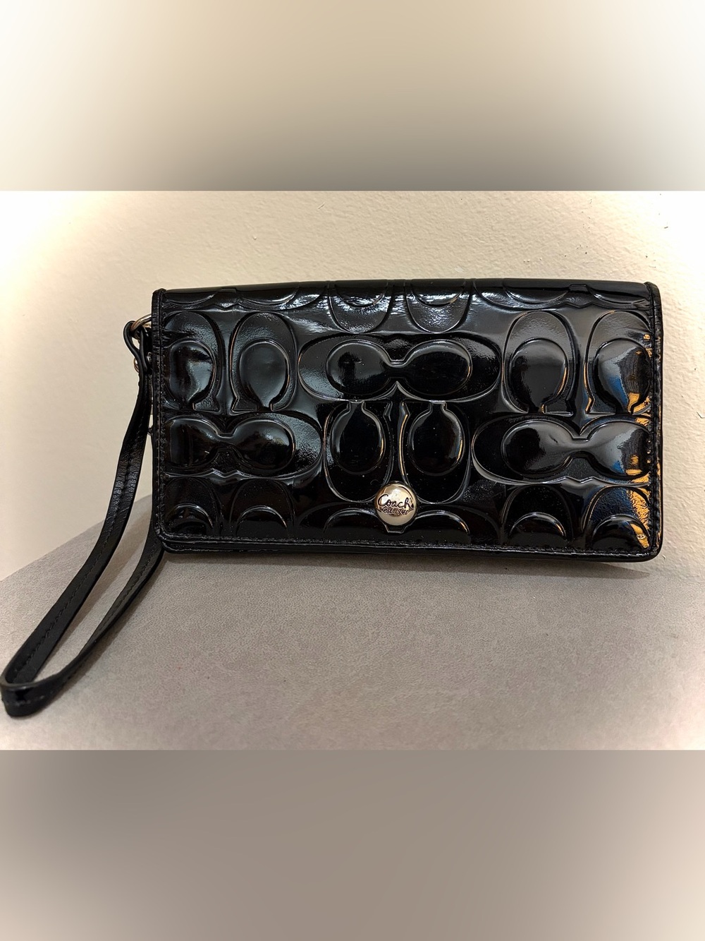 Coach Black Patent Leather Embossed Signature Wristlet Wallet